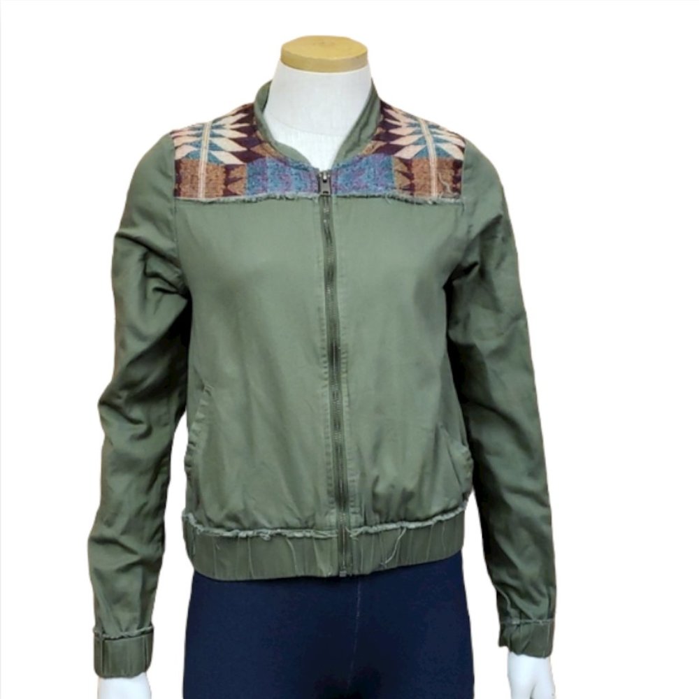 Roxy Womens Distressed Olive Bomber Style Jacket XS Long Sleeve Zipper